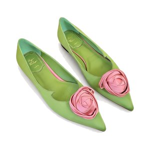 Roger Vivier Pointed Rose Buckle Heels in Silk with Lambskin Insole and Italian Sole