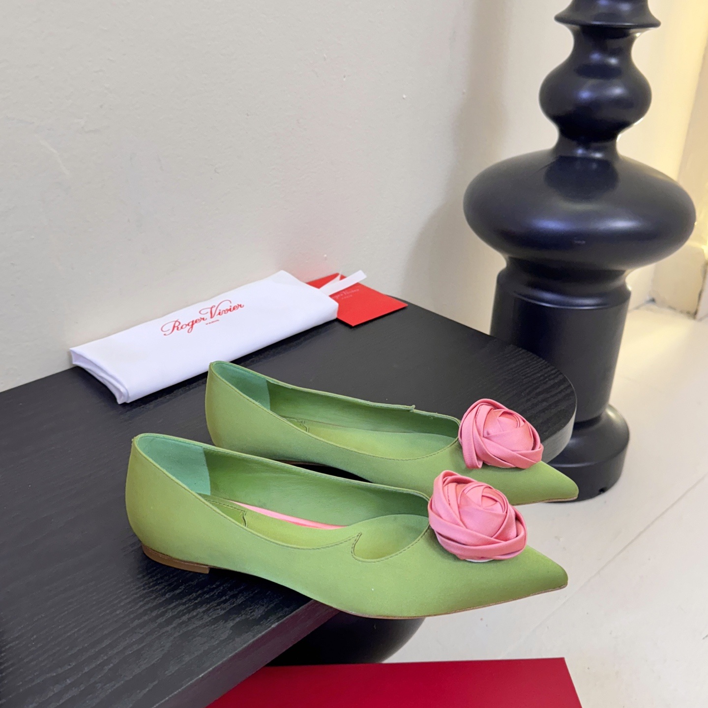Roger Vivier Pointed Rose Buckle Heels in Silk with Lambskin Insole and Italian Sole