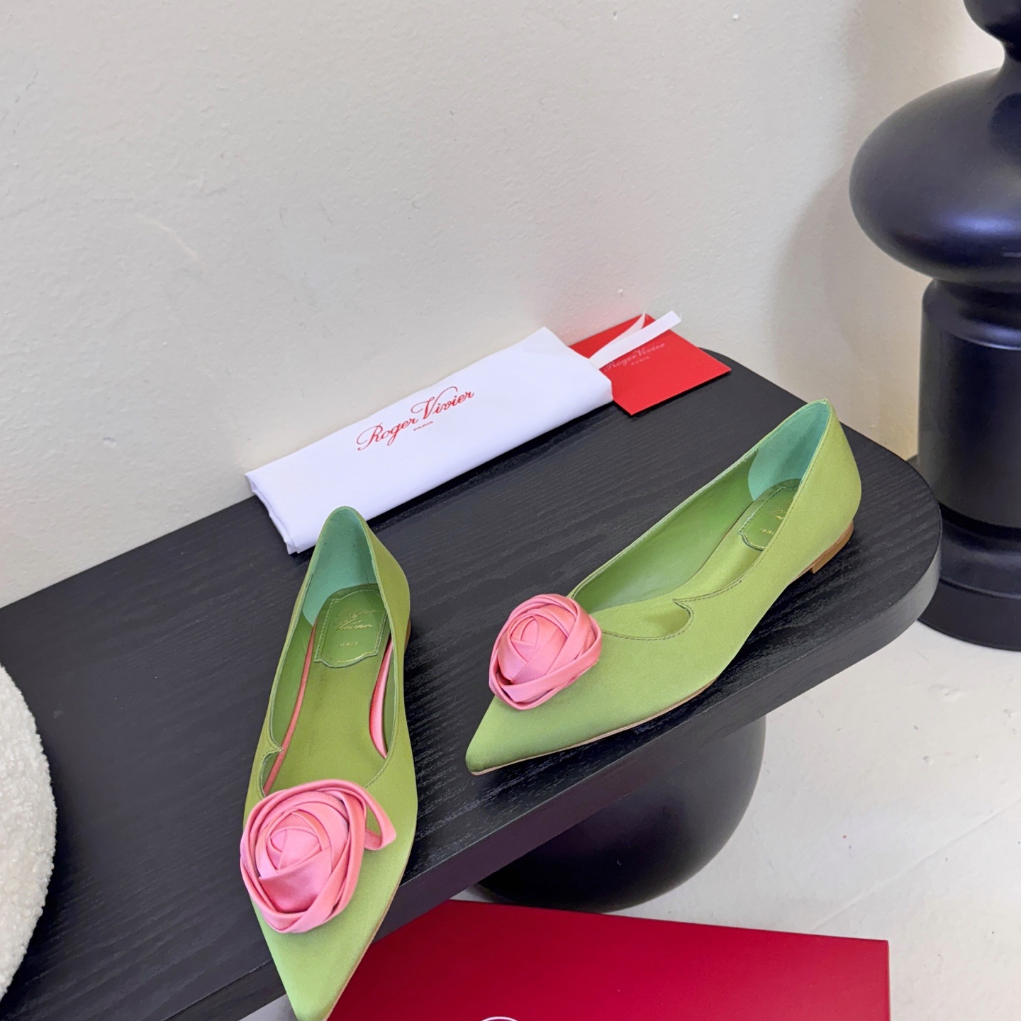 Roger Vivier Pointed Rose Buckle Heels in Silk with Lambskin Insole and Italian Sole