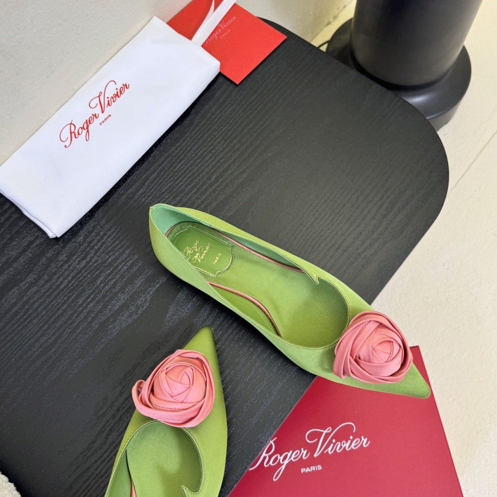 Roger Vivier Pointed Rose Buckle Heels in Silk with Lambskin Insole and Italian Sole