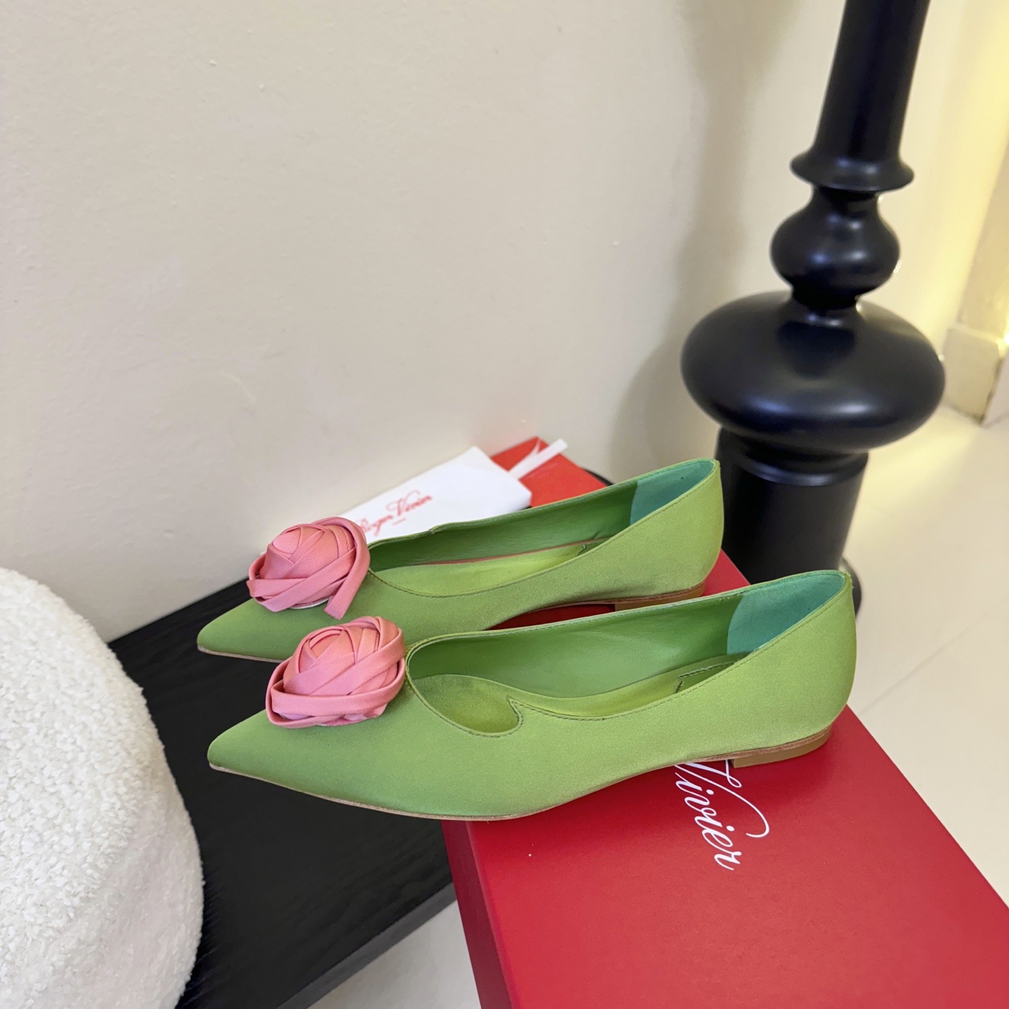 Roger Vivier Pointed Rose Buckle Heels in Silk with Lambskin Insole and Italian Sole