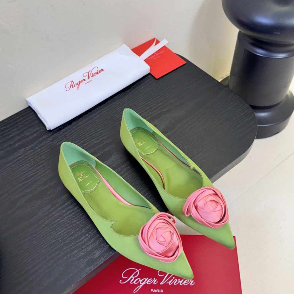 Roger Vivier Pointed Rose Buckle Heels in Silk with Lambskin Insole and Italian Sole