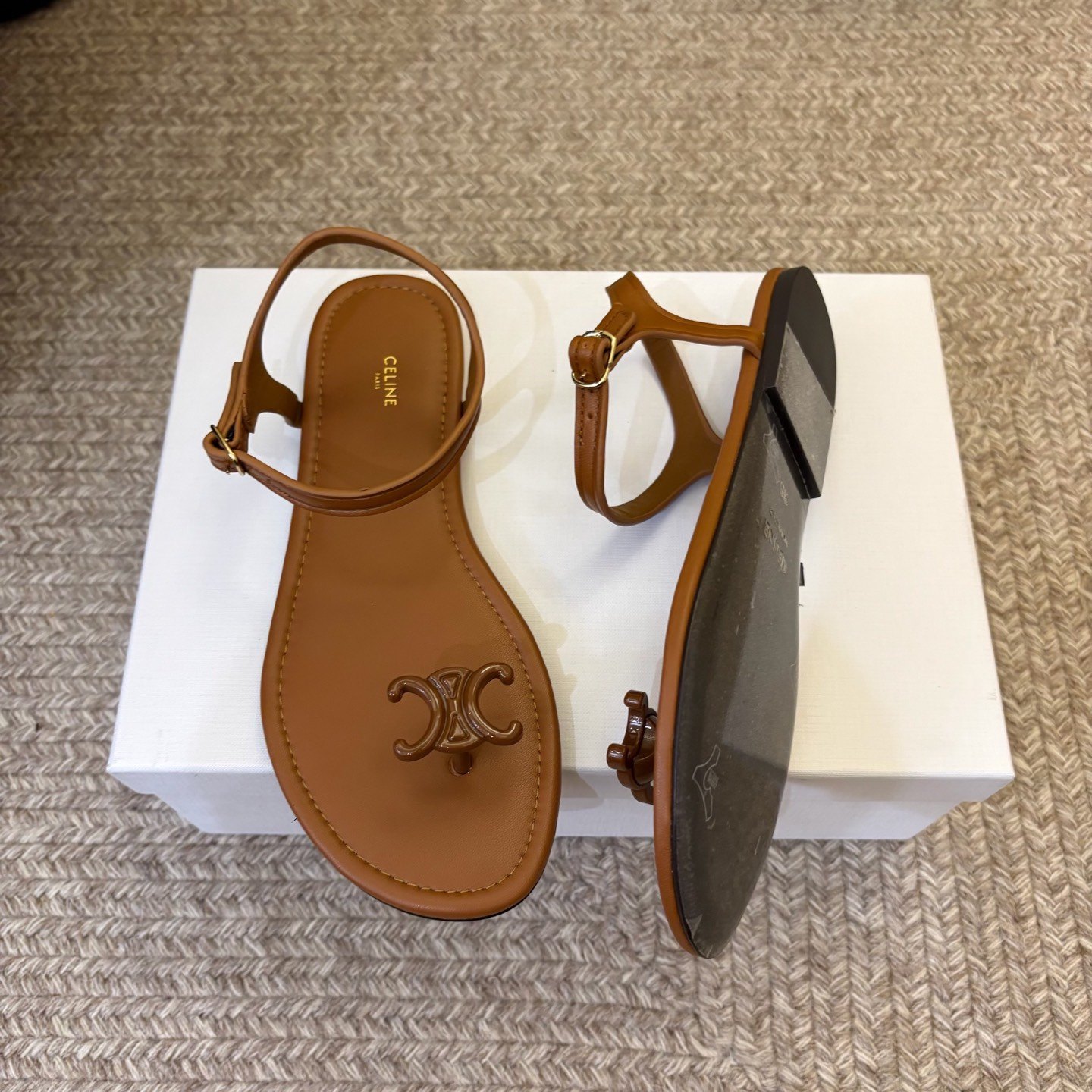 Celine Triomphe Thong Flat Sandals Lambskin Calfskin Lining Italian Leather Sole