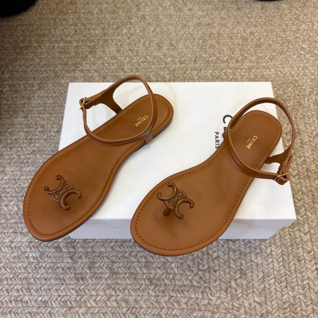 Celine Triomphe Thong Flat Sandals Lambskin Calfskin Lining Italian Leather Sole