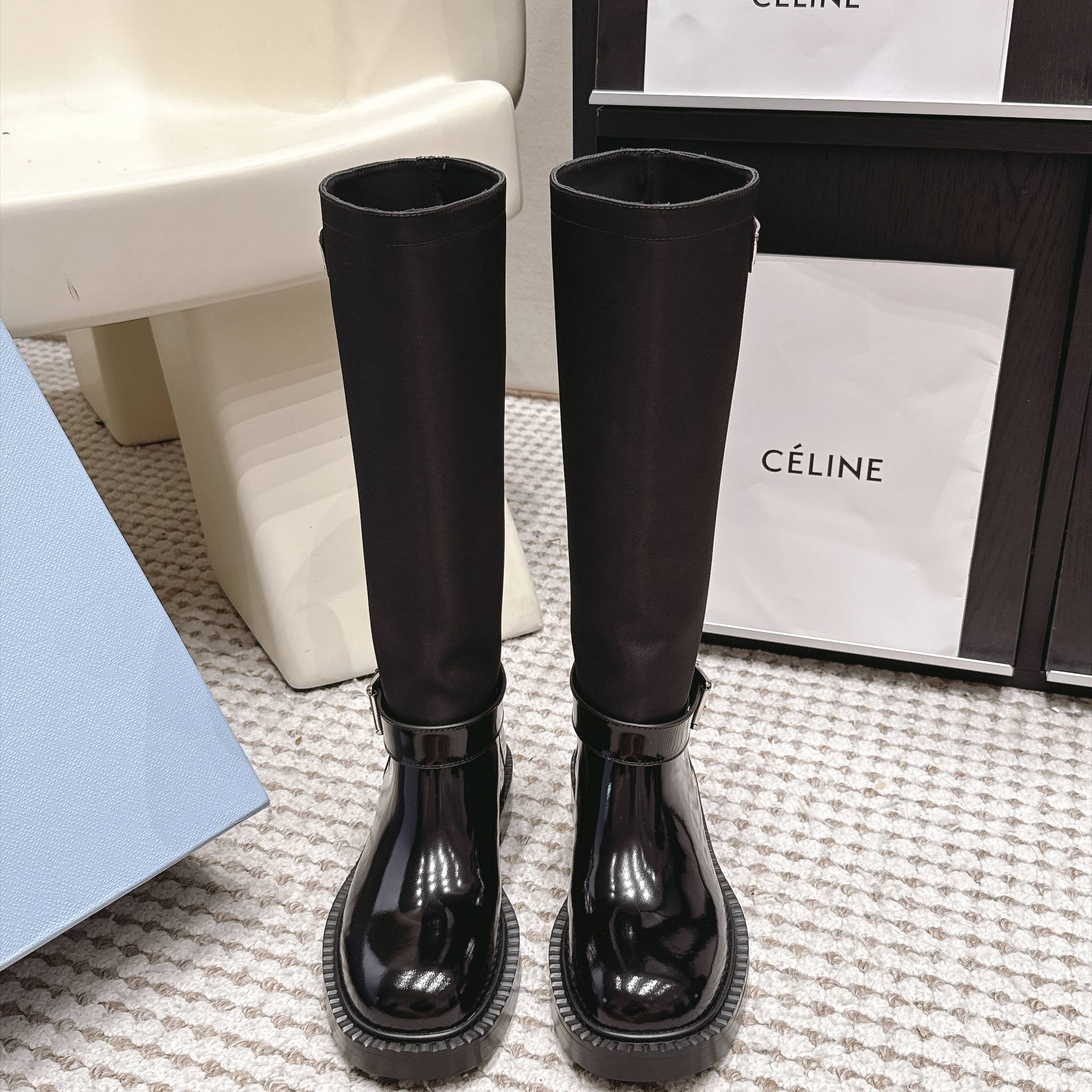Prada Slip-On Mid-Calf Riding Boots in Calfskin Leather with Platform Outsole