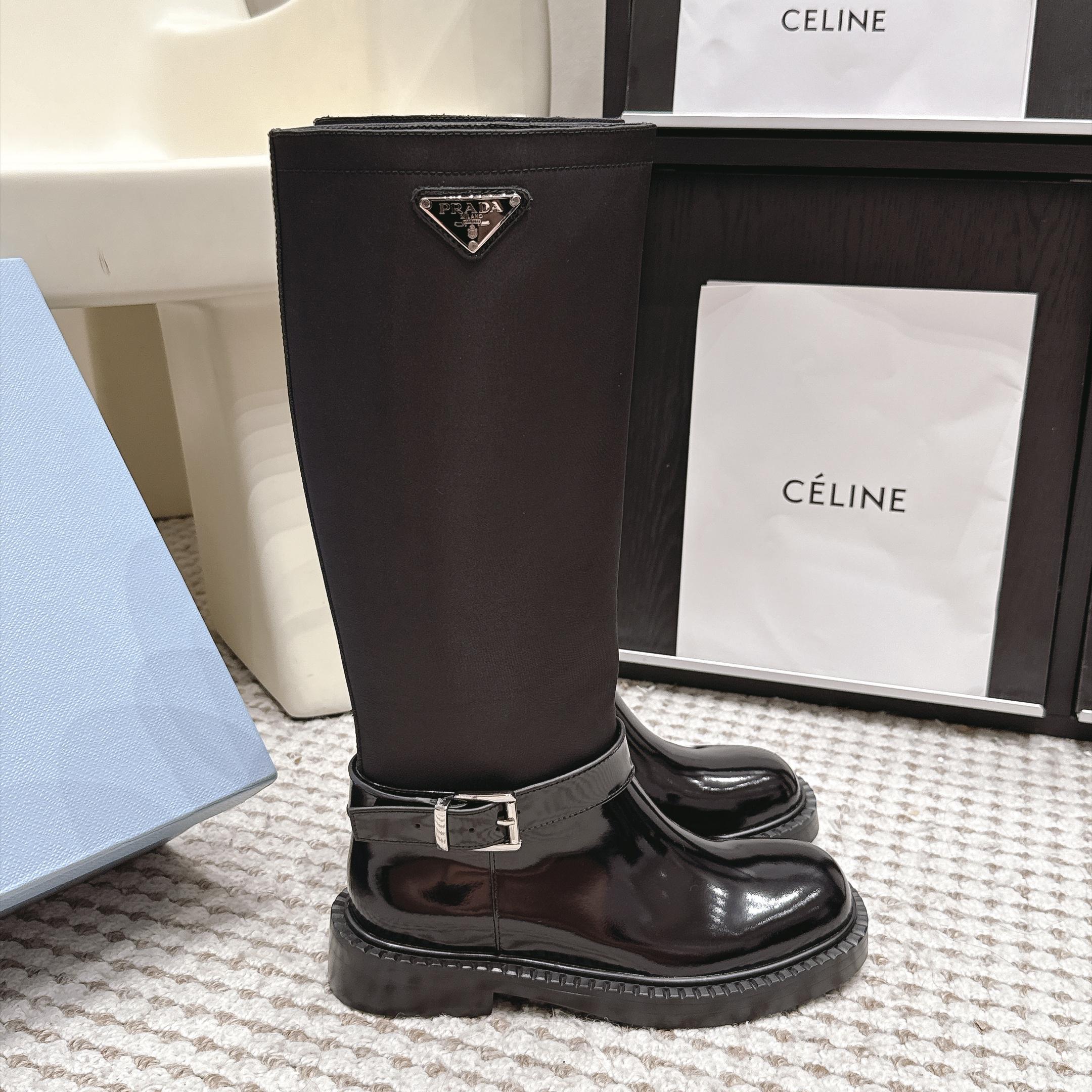 Prada Slip-On Mid-Calf Riding Boots in Calfskin Leather with Platform Outsole