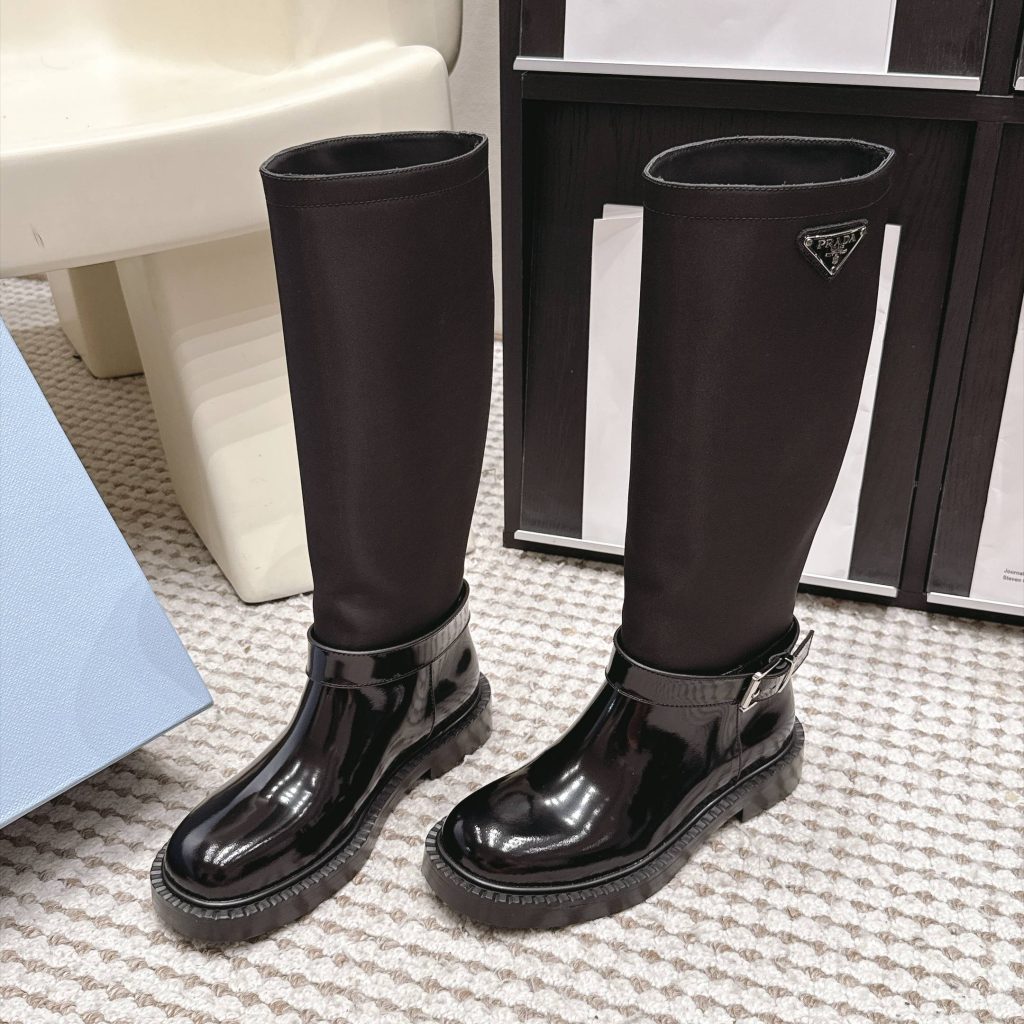 Prada Slip-On Mid-Calf Riding Boots in Calfskin Leather with Platform Outsole