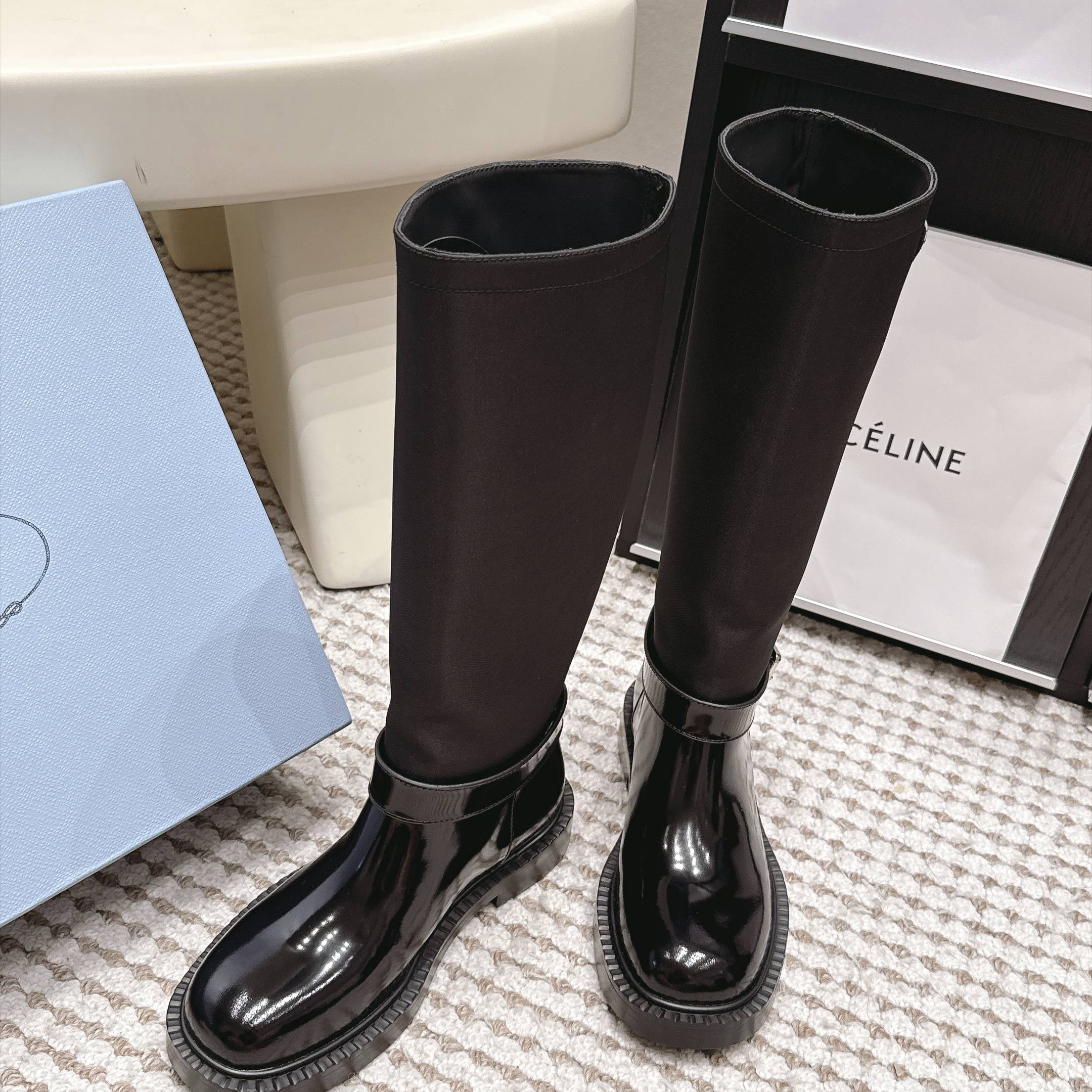 Prada Slip-On Mid-Calf Riding Boots in Calfskin Leather with Platform Outsole
