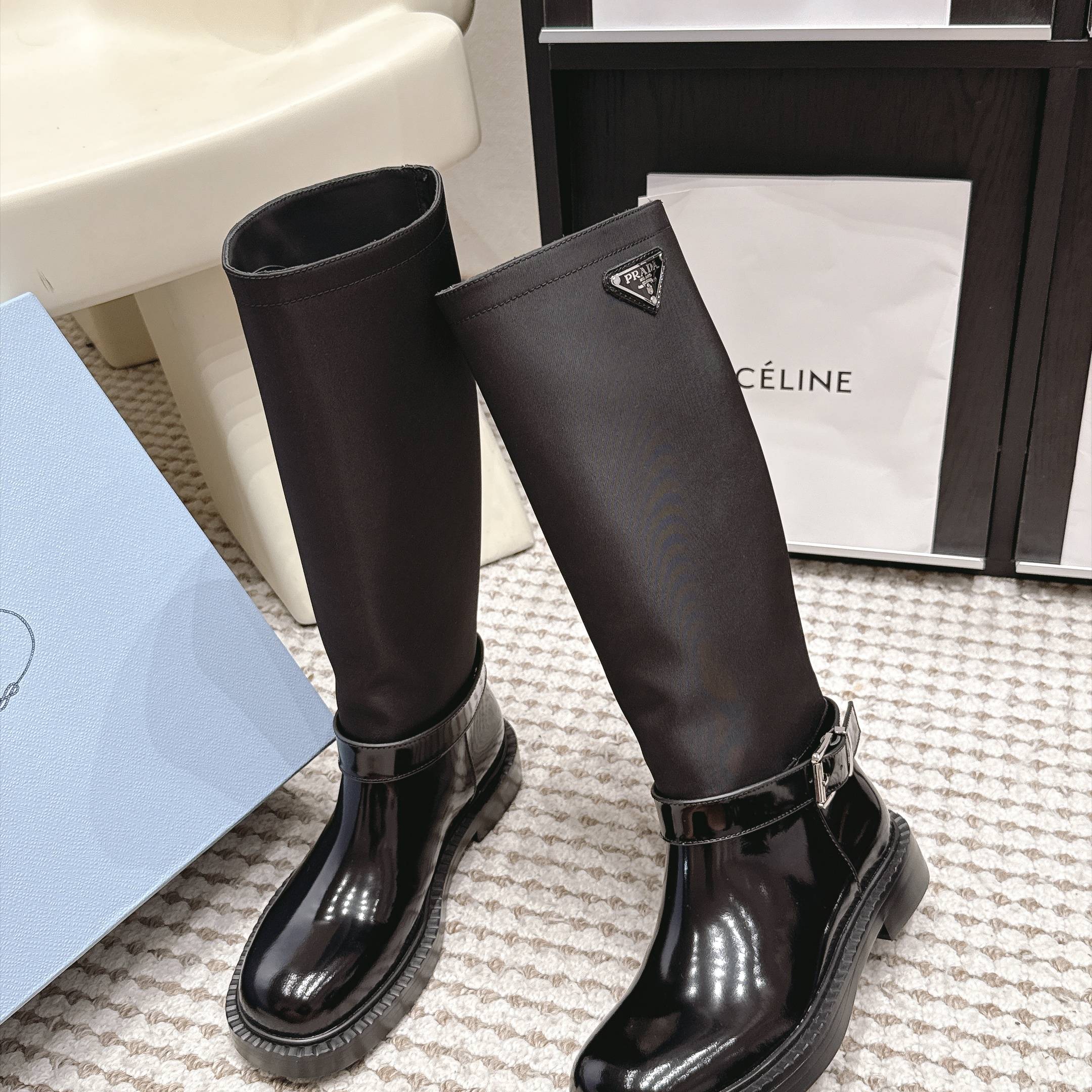 Prada Slip-On Mid-Calf Riding Boots in Calfskin Leather with Platform Outsole