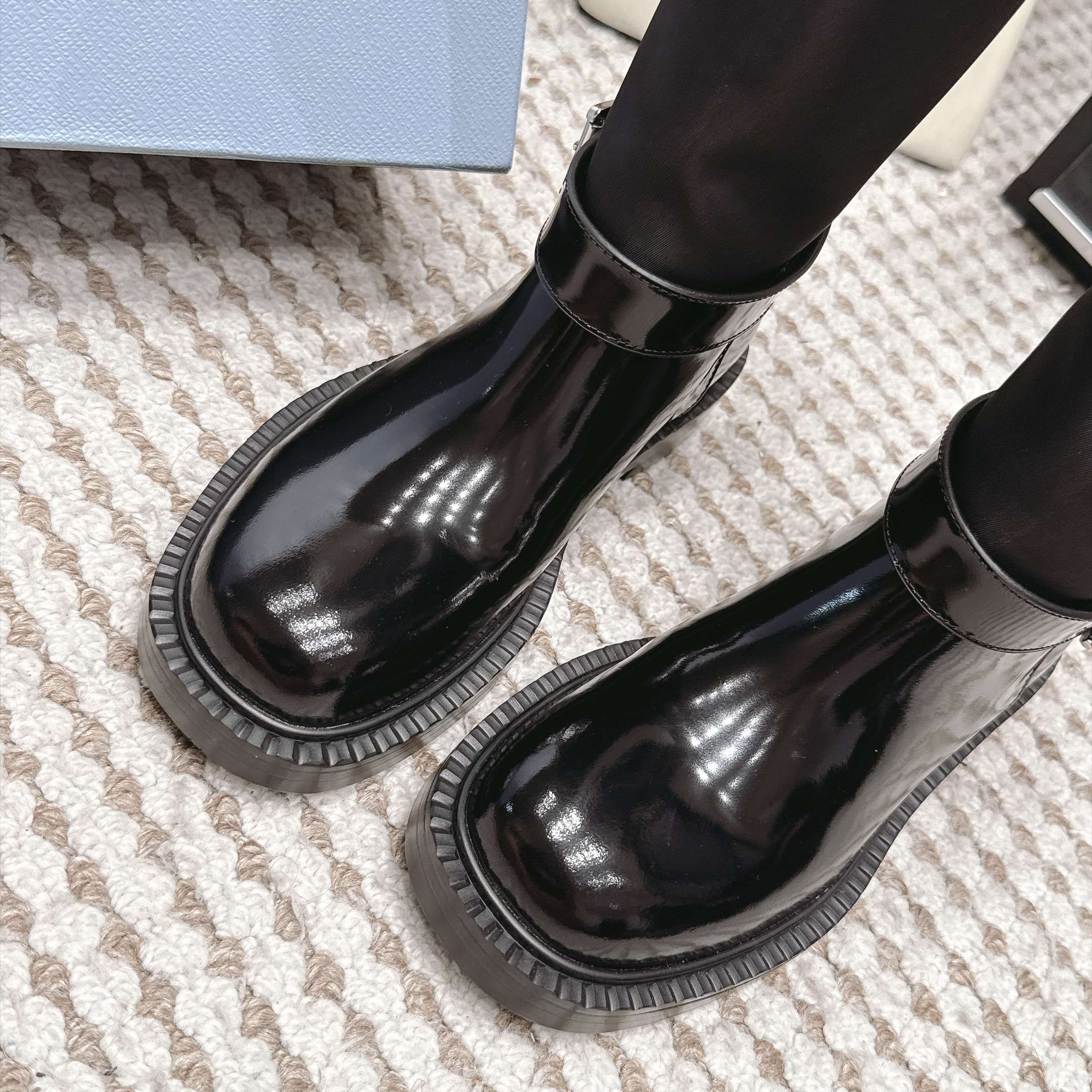 Prada Slip-On Mid-Calf Riding Boots in Calfskin Leather with Platform Outsole