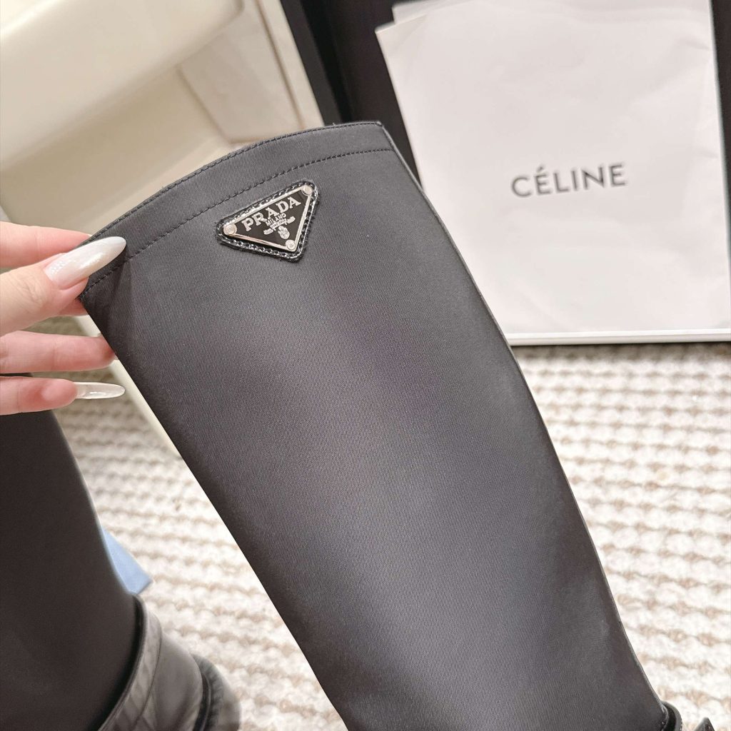 Prada Slip-On Mid-Calf Riding Boots in Calfskin Leather with Platform Outsole