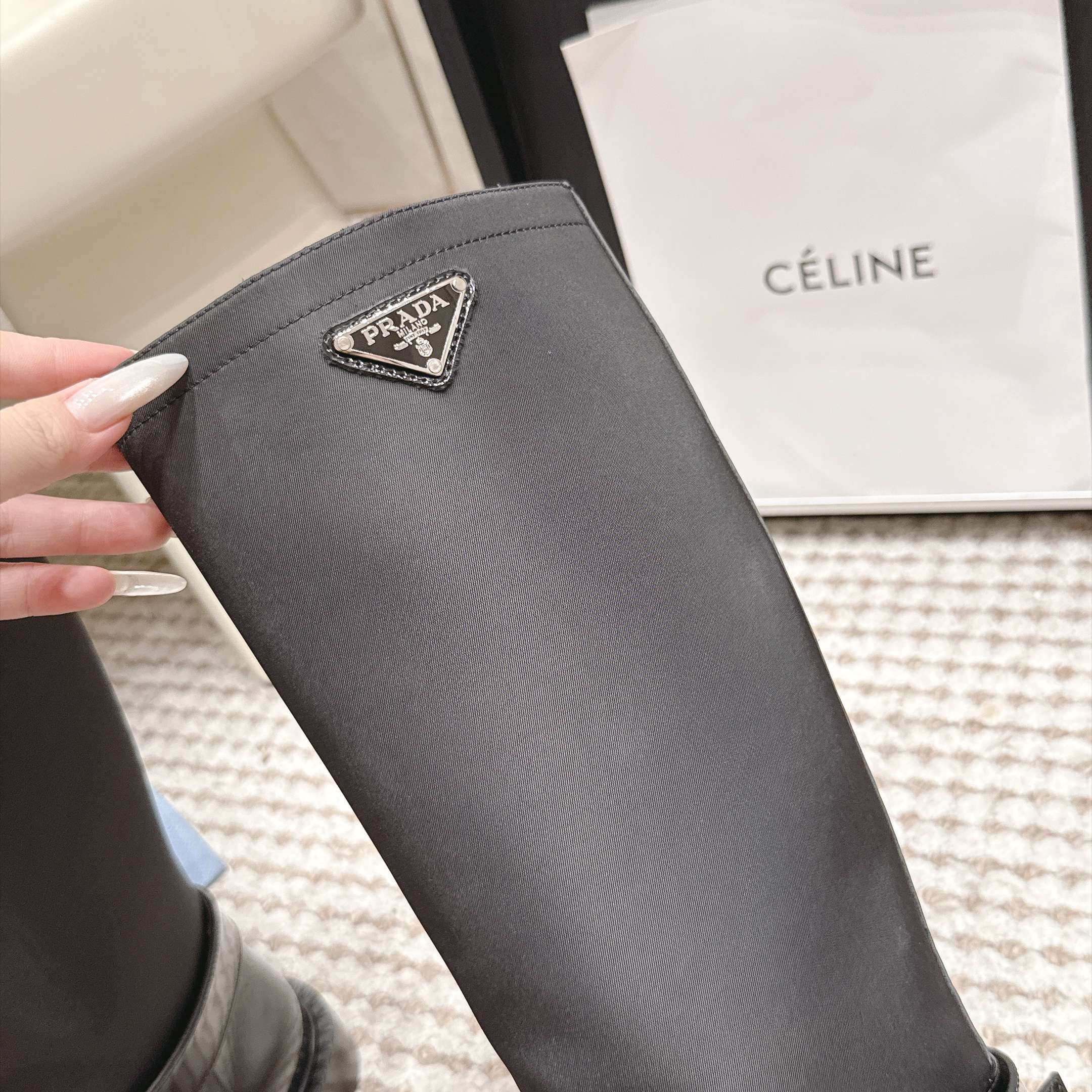 Prada Slip-On Mid-Calf Riding Boots in Calfskin Leather with Platform Outsole