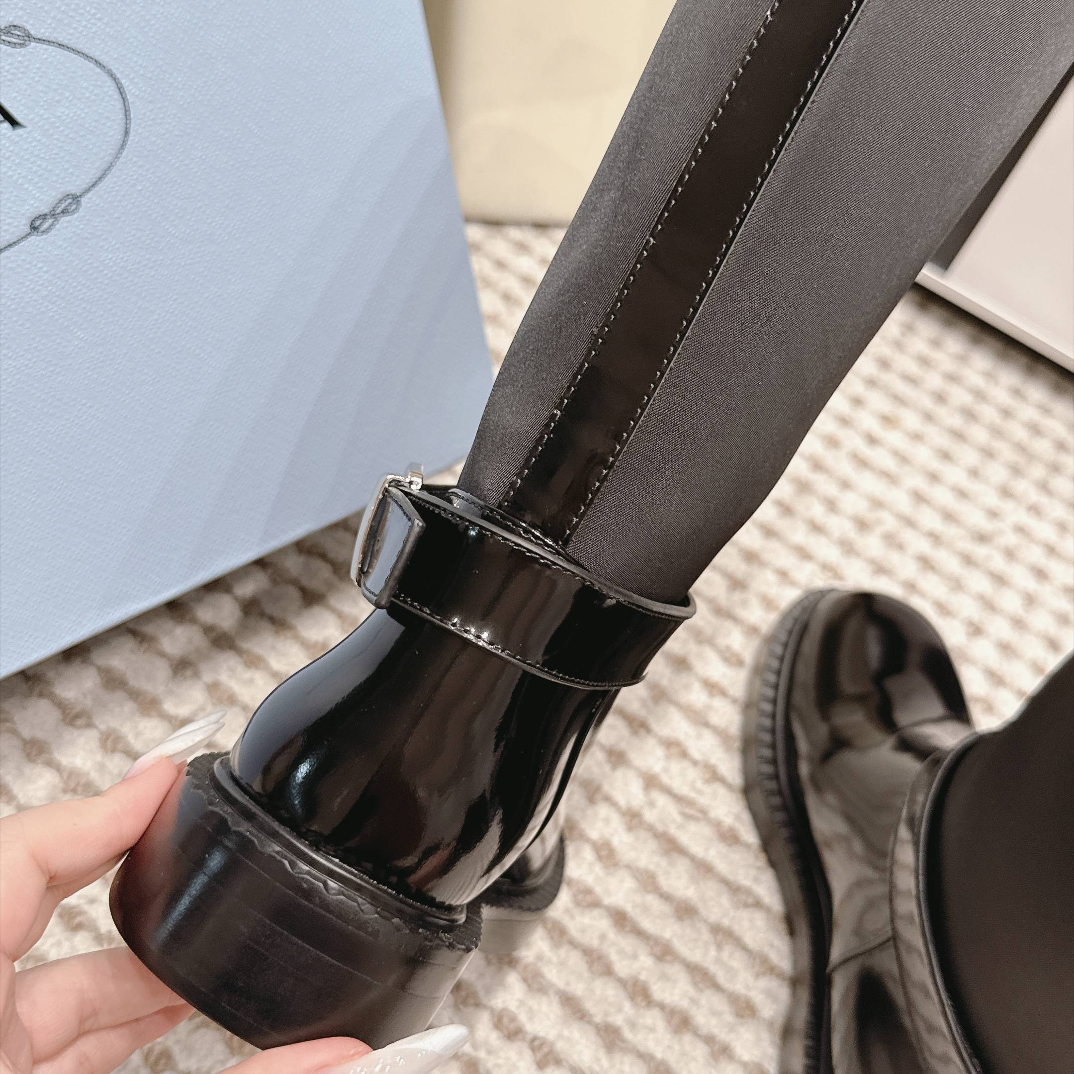 Prada Slip-On Mid-Calf Riding Boots in Calfskin Leather with Platform Outsole