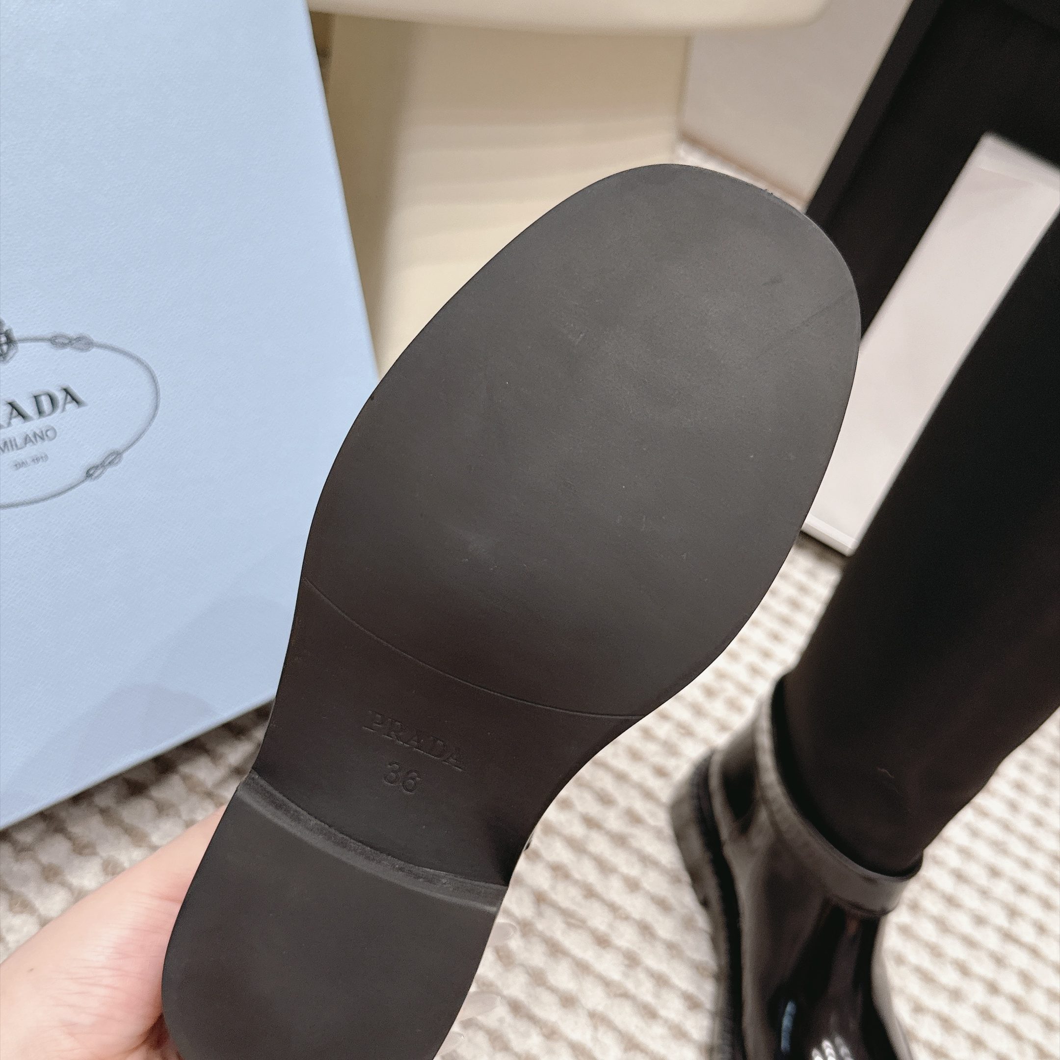 Prada Slip-On Mid-Calf Riding Boots in Calfskin Leather with Platform Outsole
