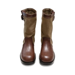 Prada Mixed Leather Buckle Strap Retro Mid-Calf Work Boots in Washed Calfskin with Italian Leather Sole