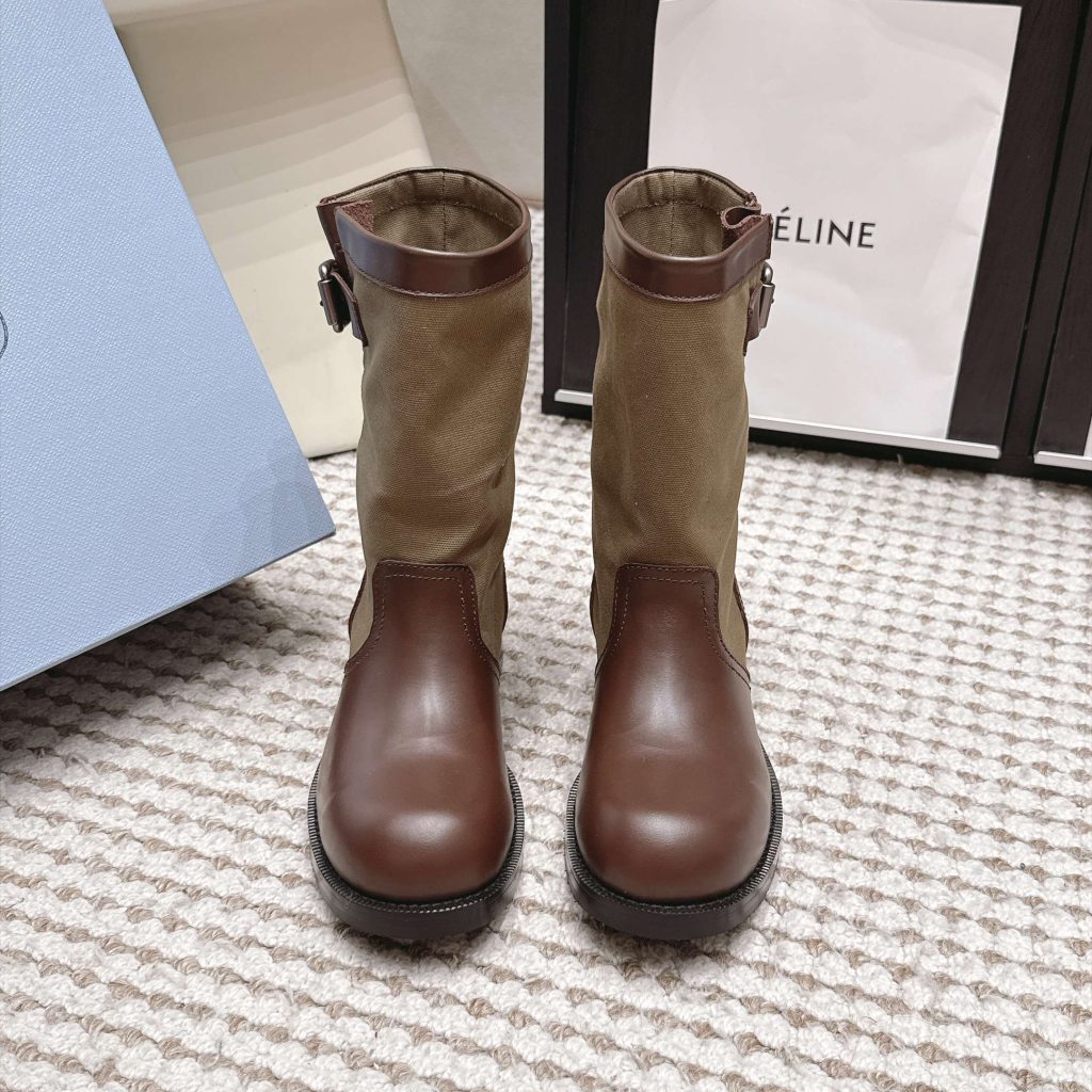 Prada Mixed Leather Buckle Strap Retro Mid-Calf Work Boots in Washed Calfskin with Italian Leather Sole