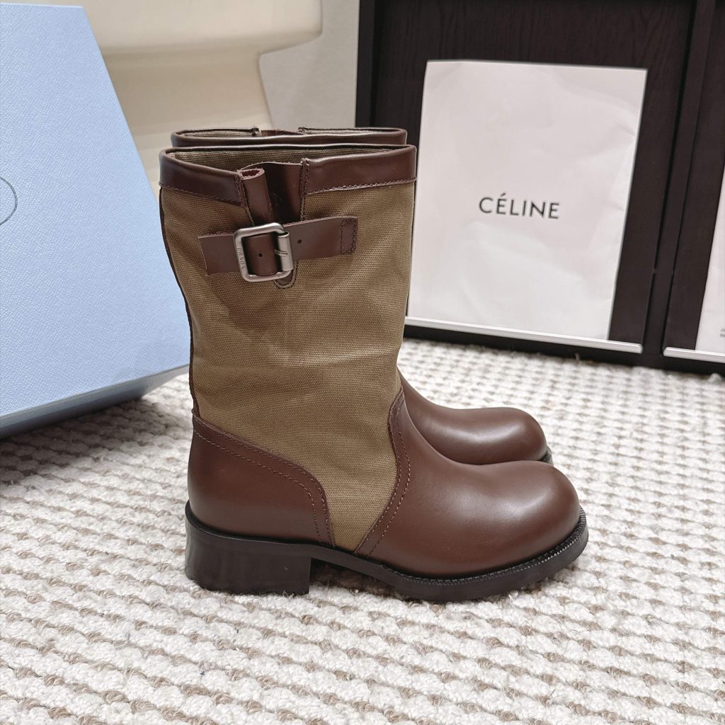 Prada Mixed Leather Buckle Strap Retro Mid-Calf Work Boots in Washed Calfskin with Italian Leather Sole