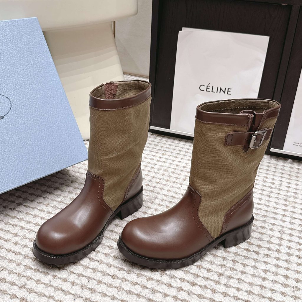Prada Mixed Leather Buckle Strap Retro Mid-Calf Work Boots in Washed Calfskin with Italian Leather Sole