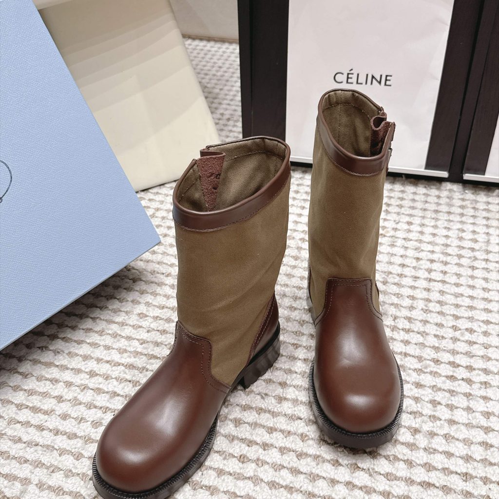 Prada Mixed Leather Buckle Strap Retro Mid-Calf Work Boots in Washed Calfskin with Italian Leather Sole