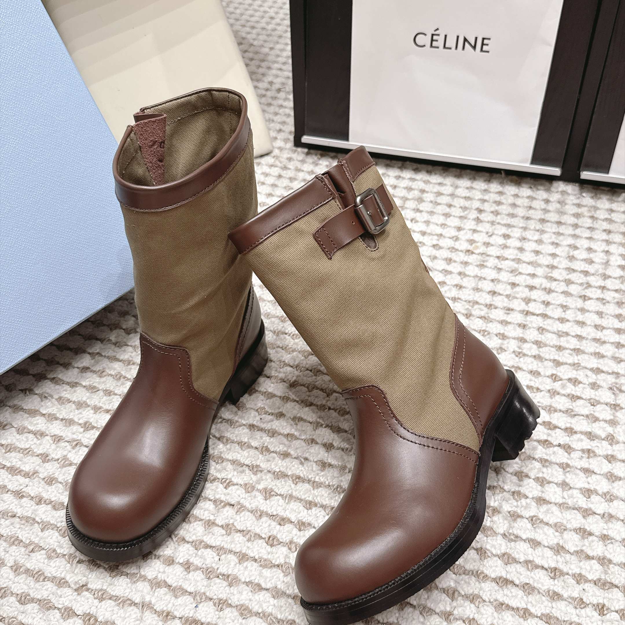 Prada Mixed Leather Buckle Strap Retro Mid-Calf Work Boots in Washed Calfskin with Italian Leather Sole