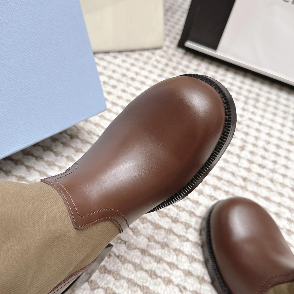 Prada Mixed Leather Buckle Strap Retro Mid-Calf Work Boots in Washed Calfskin with Italian Leather Sole