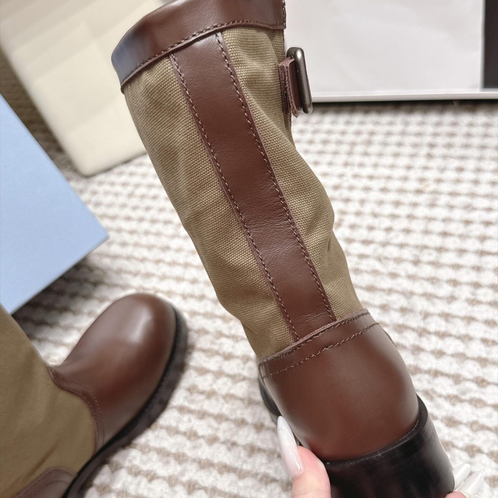 Prada Mixed Leather Buckle Strap Retro Mid-Calf Work Boots in Washed Calfskin with Italian Leather Sole
