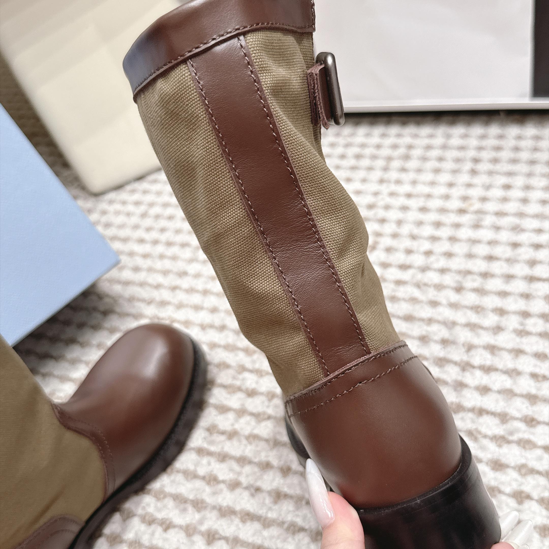Prada Mixed Leather Buckle Strap Retro Mid-Calf Work Boots in Washed Calfskin with Italian Leather Sole
