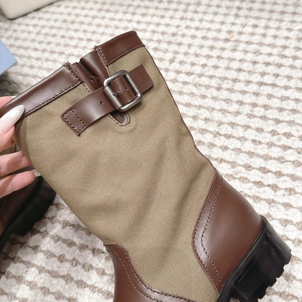 Prada Mixed Leather Buckle Strap Retro Mid-Calf Work Boots in Washed Calfskin with Italian Leather Sole