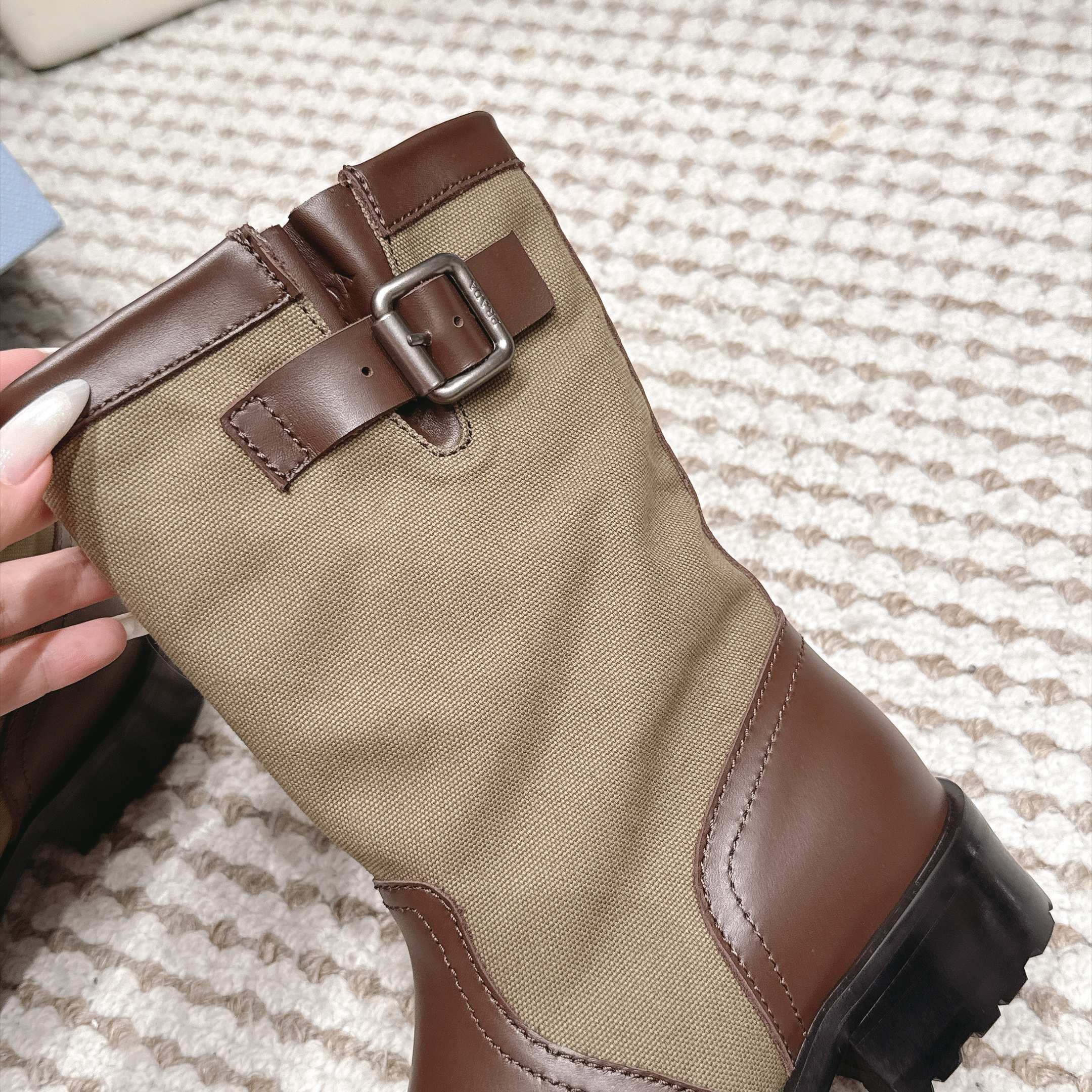 Prada Mixed Leather Buckle Strap Retro Mid-Calf Work Boots in Washed Calfskin with Italian Leather Sole