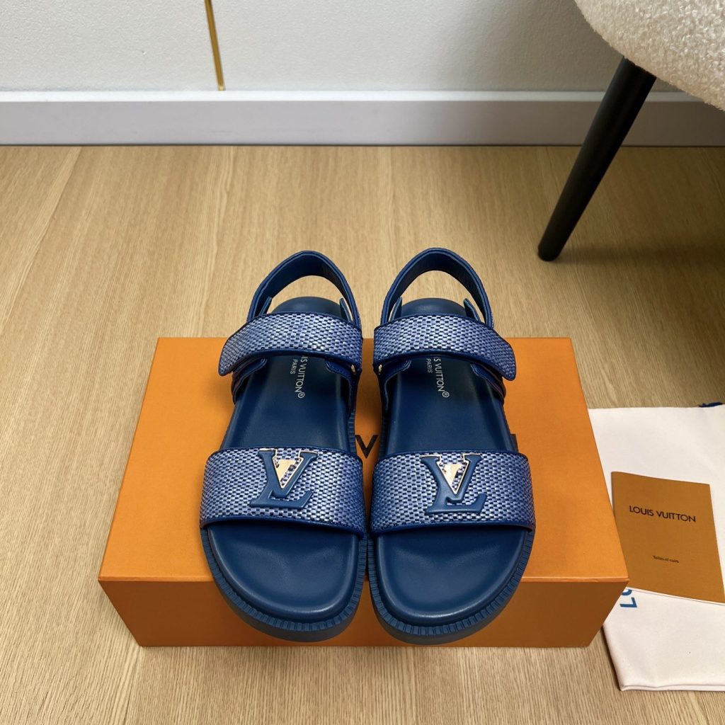 LOUIS VUITTON LV Logo Velcro Flat Sandals in Premium Calfskin with Lambskin Lining and Rubber Outsole