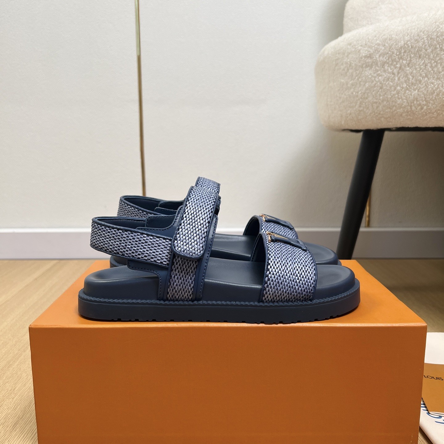 LOUIS VUITTON LV Logo Velcro Flat Sandals in Premium Calfskin with Lambskin Lining and Rubber Outsole