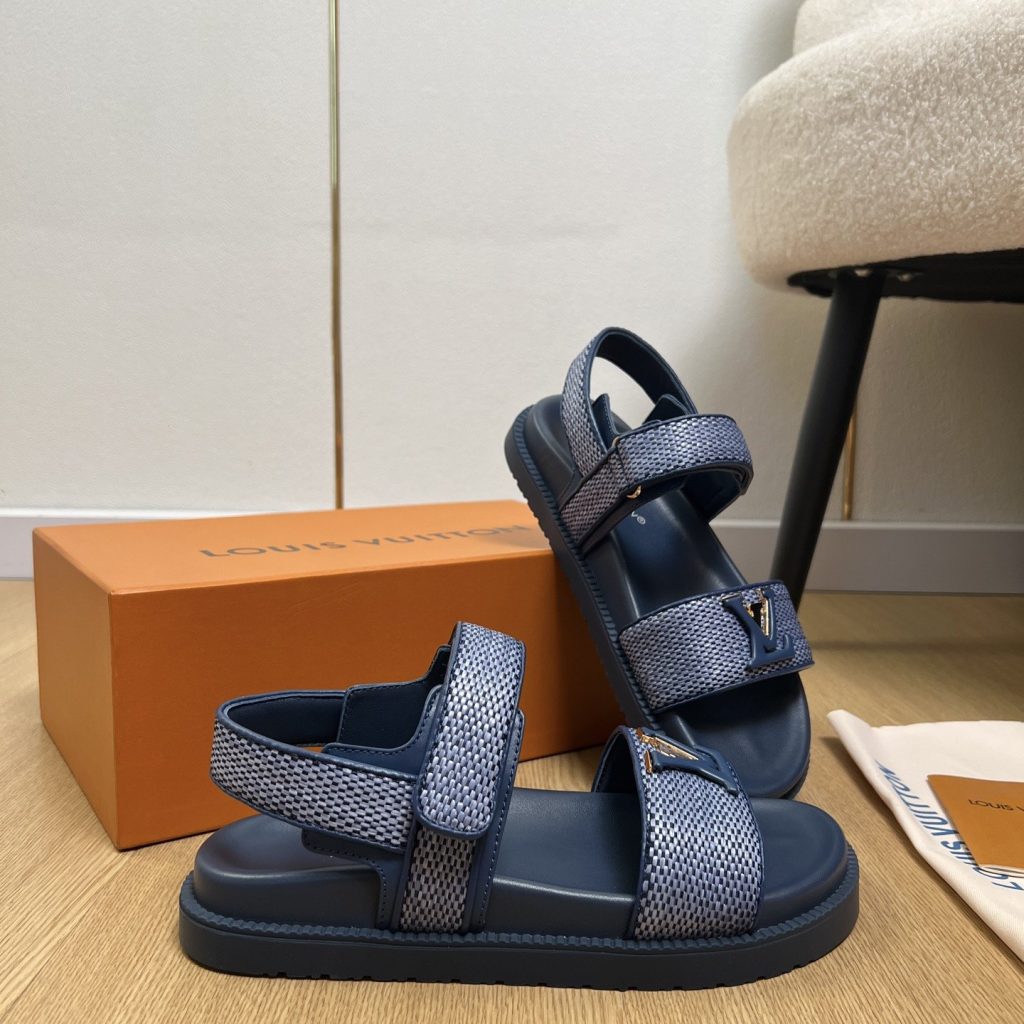 LOUIS VUITTON LV Logo Velcro Flat Sandals in Premium Calfskin with Lambskin Lining and Rubber Outsole