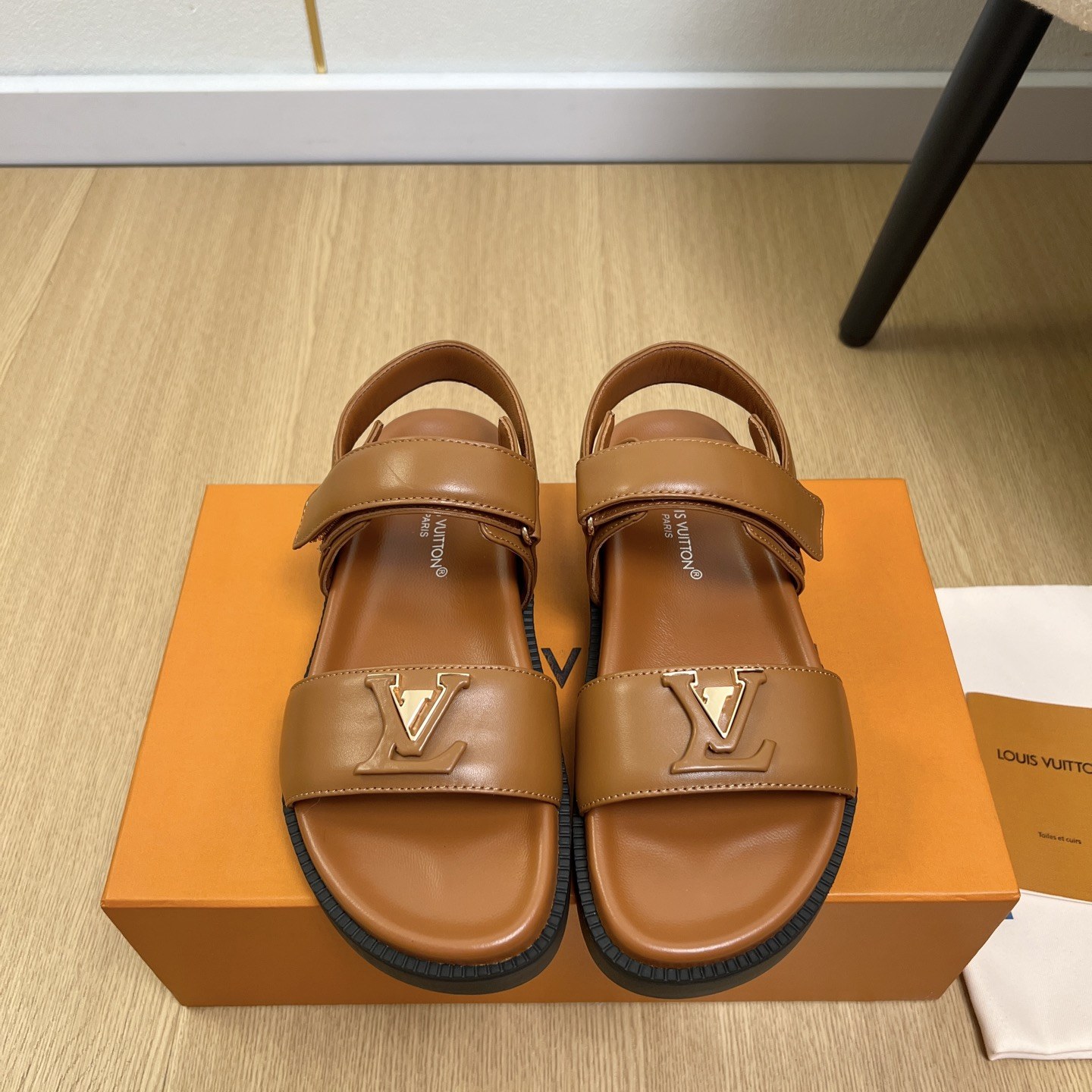 LOUIS VUITTON LV Logo Velcro Flat Sandals in Premium Calfskin with Lambskin Lining and Rubber Outsole