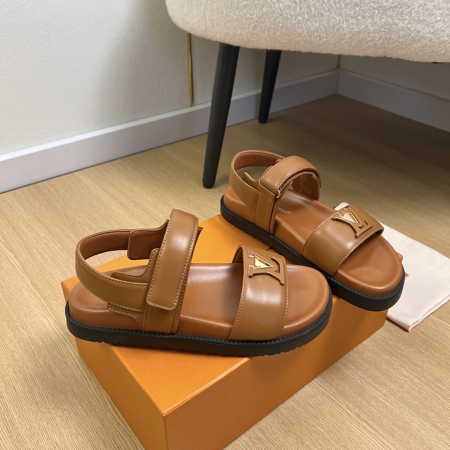 LOUIS VUITTON LV Logo Velcro Flat Sandals in Premium Calfskin with Lambskin Lining and Rubber Outsole