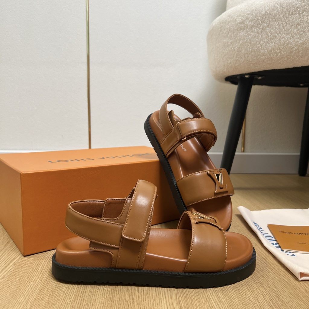 LOUIS VUITTON LV Logo Velcro Flat Sandals in Premium Calfskin with Lambskin Lining and Rubber Outsole