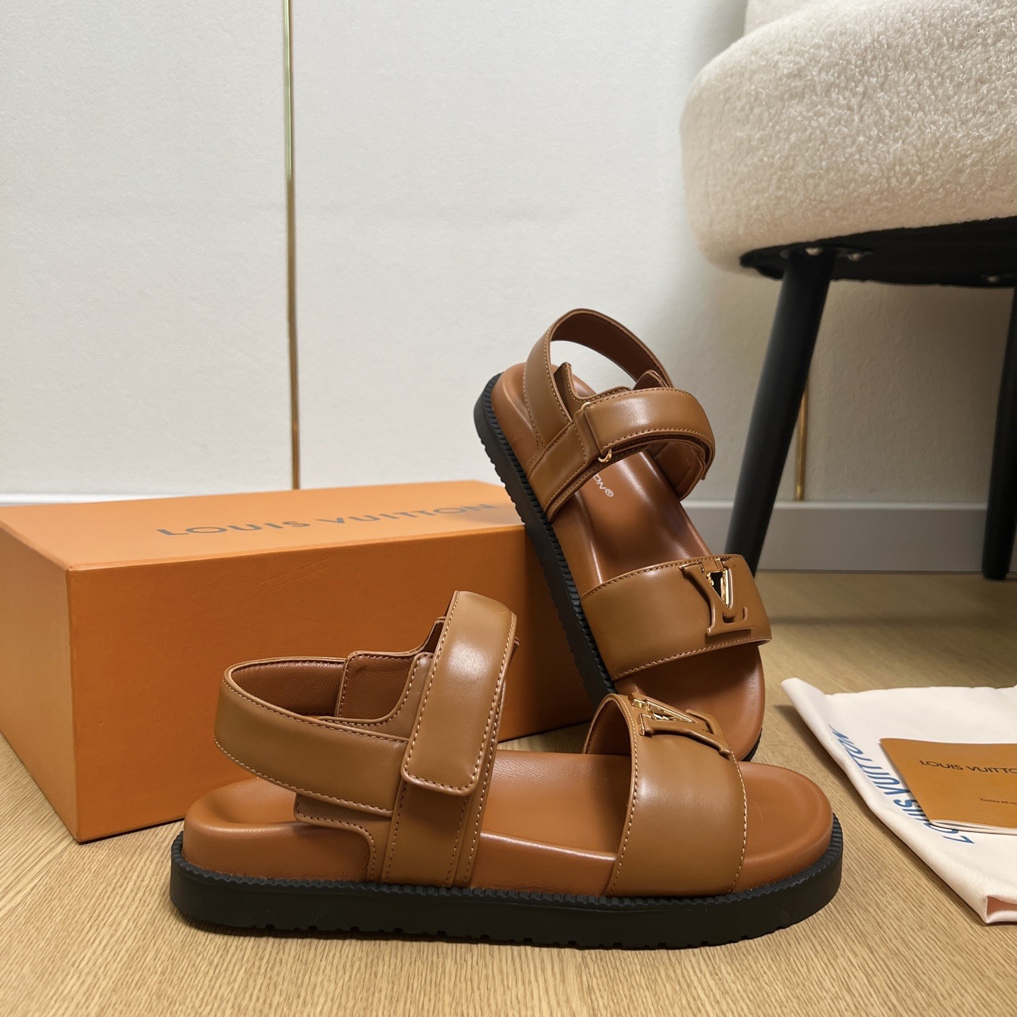 LOUIS VUITTON LV Logo Velcro Flat Sandals in Premium Calfskin with Lambskin Lining and Rubber Outsole