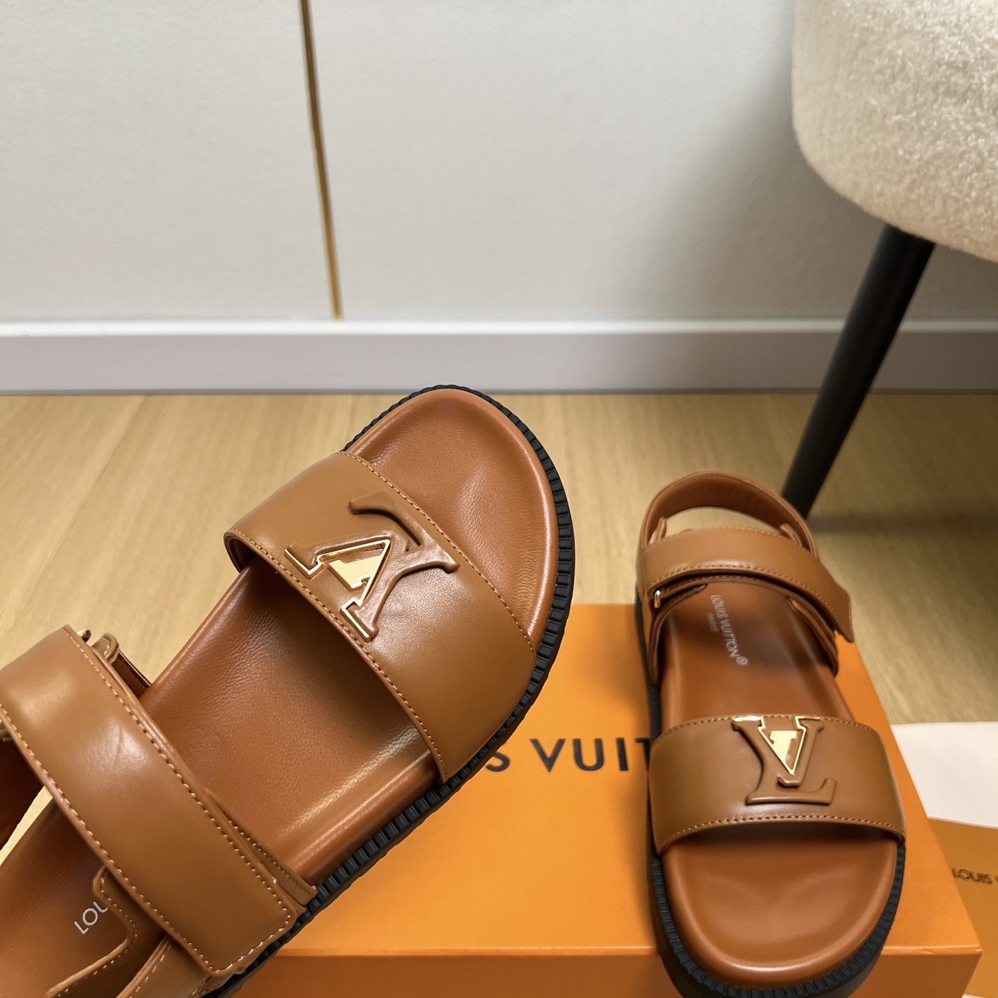 LOUIS VUITTON LV Logo Velcro Flat Sandals in Premium Calfskin with Lambskin Lining and Rubber Outsole