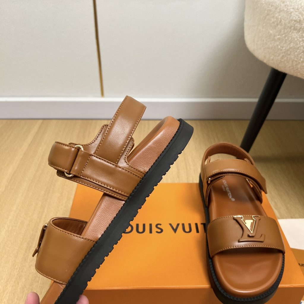 LOUIS VUITTON LV Logo Velcro Flat Sandals in Premium Calfskin with Lambskin Lining and Rubber Outsole