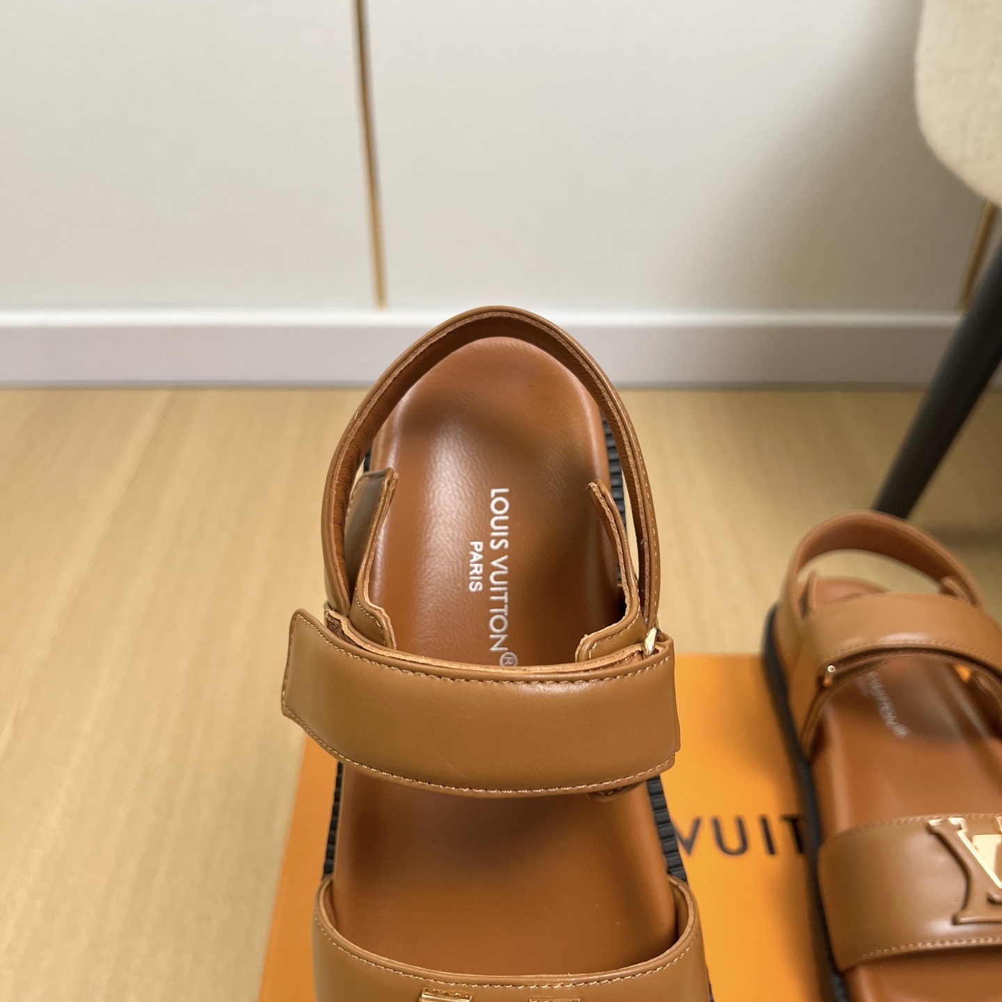 LOUIS VUITTON LV Logo Velcro Flat Sandals in Premium Calfskin with Lambskin Lining and Rubber Outsole