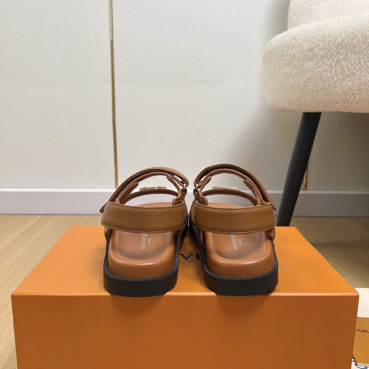 LOUIS VUITTON LV Logo Velcro Flat Sandals in Premium Calfskin with Lambskin Lining and Rubber Outsole