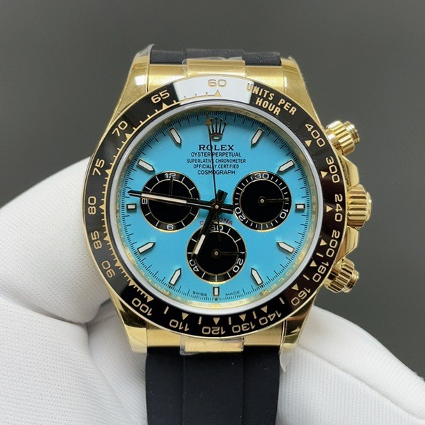 Rolex Daytona Style Automatic Watch, Blue Dial Index Chronograph Rubber Strap