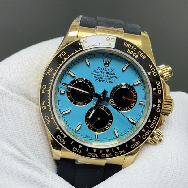 Rolex Daytona Style Automatic Watch, Blue Dial Index Chronograph Rubber Strap