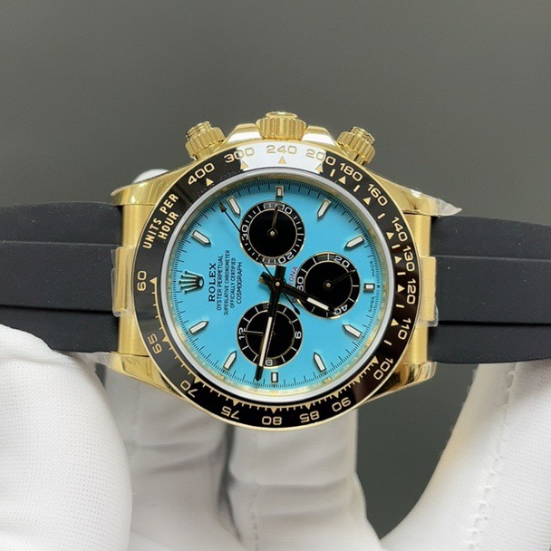 Rolex Daytona Style Automatic Watch, Blue Dial Index Chronograph Rubber Strap