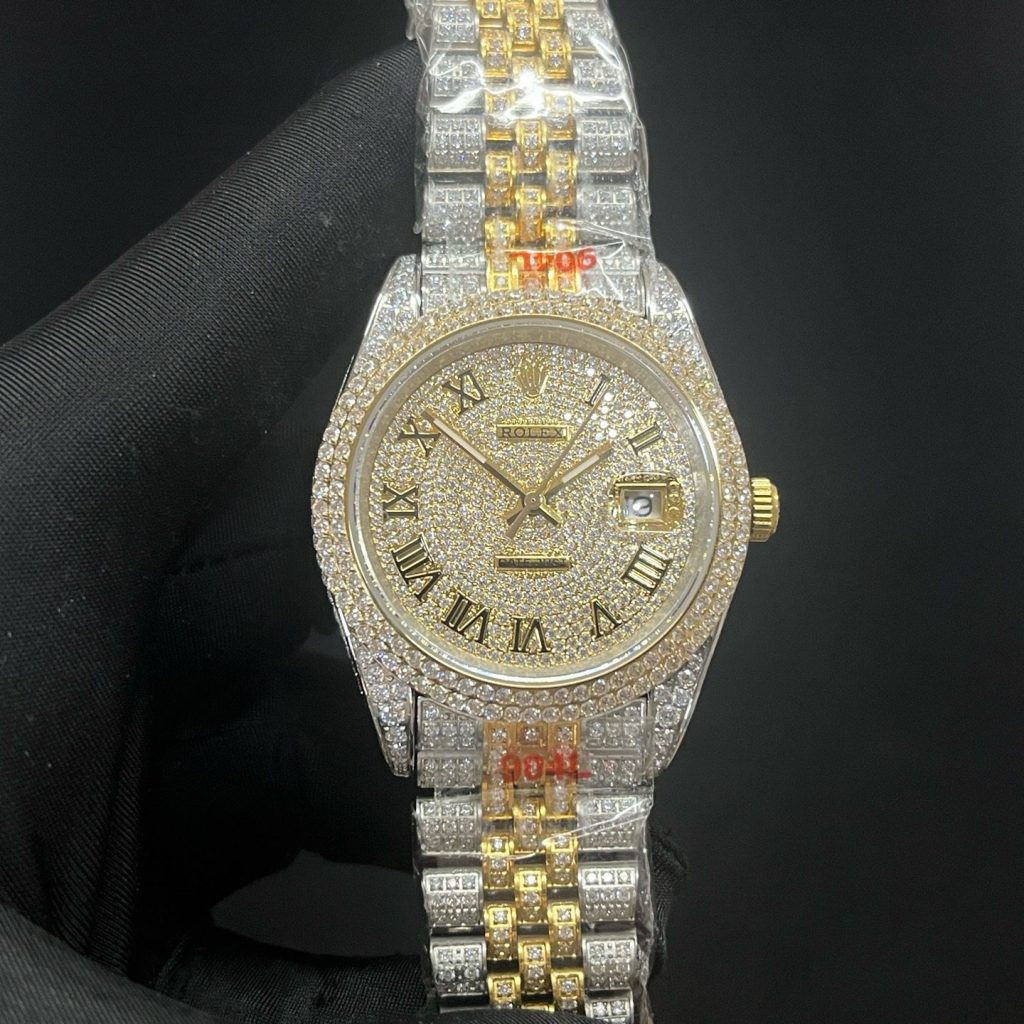 ROLEX Fully Set Moissanite JeRolex Datejust Style Automatic Watch, Diamond Pavé Dial Roman Numeral Metal Braceletwelry Bracelet Watch