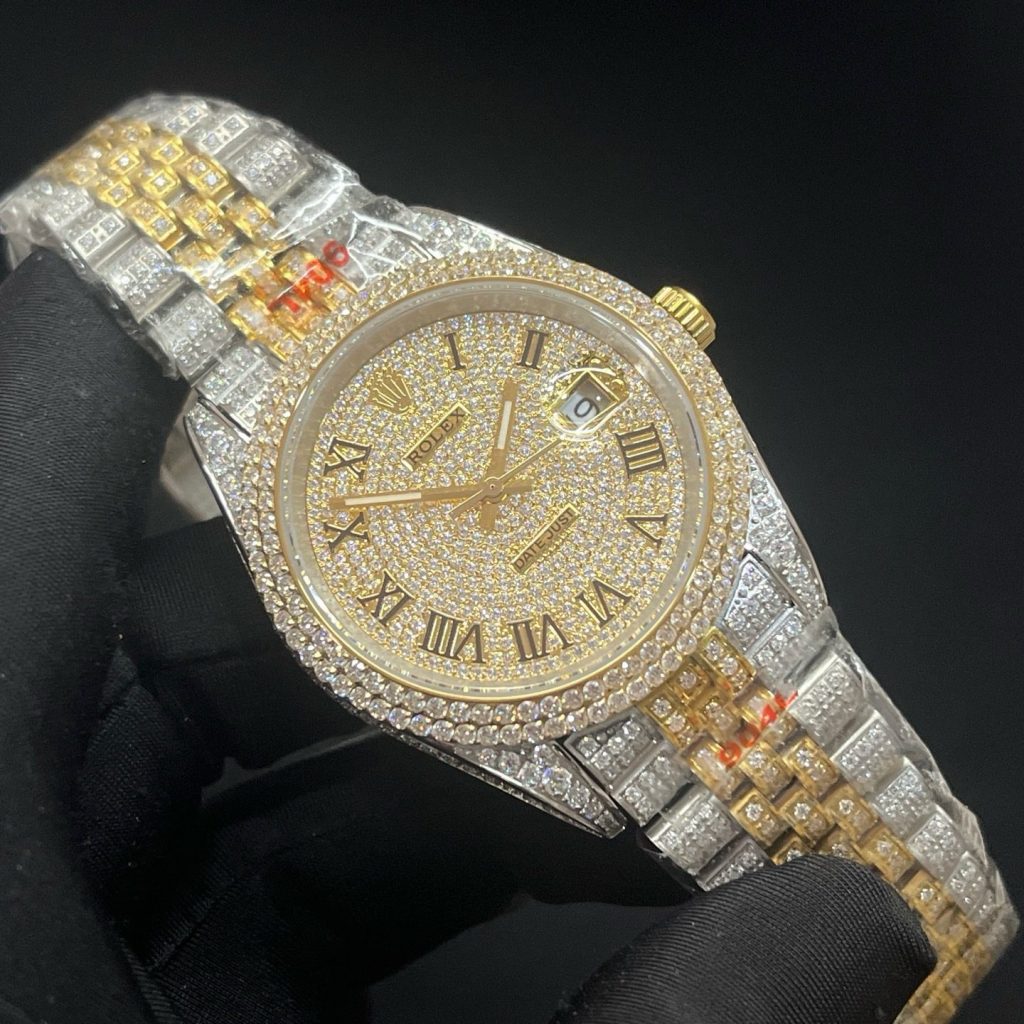 ROLEX Fully Set Moissanite JeRolex Datejust Style Automatic Watch, Diamond Pavé Dial Roman Numeral Metal Braceletwelry Bracelet Watch