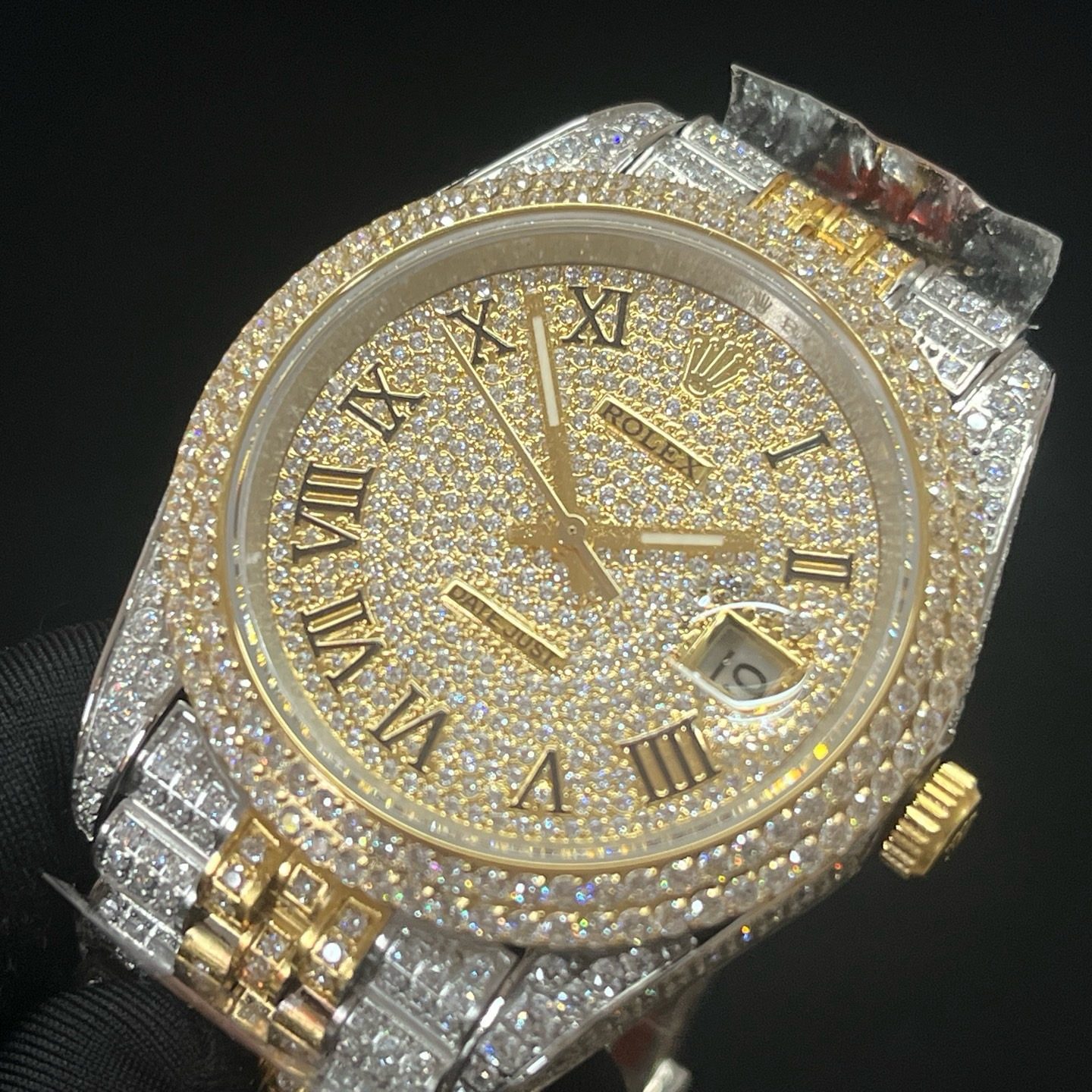 ROLEX Fully Set Moissanite JeRolex Datejust Style Automatic Watch, Diamond Pavé Dial Roman Numeral Metal Braceletwelry Bracelet Watch