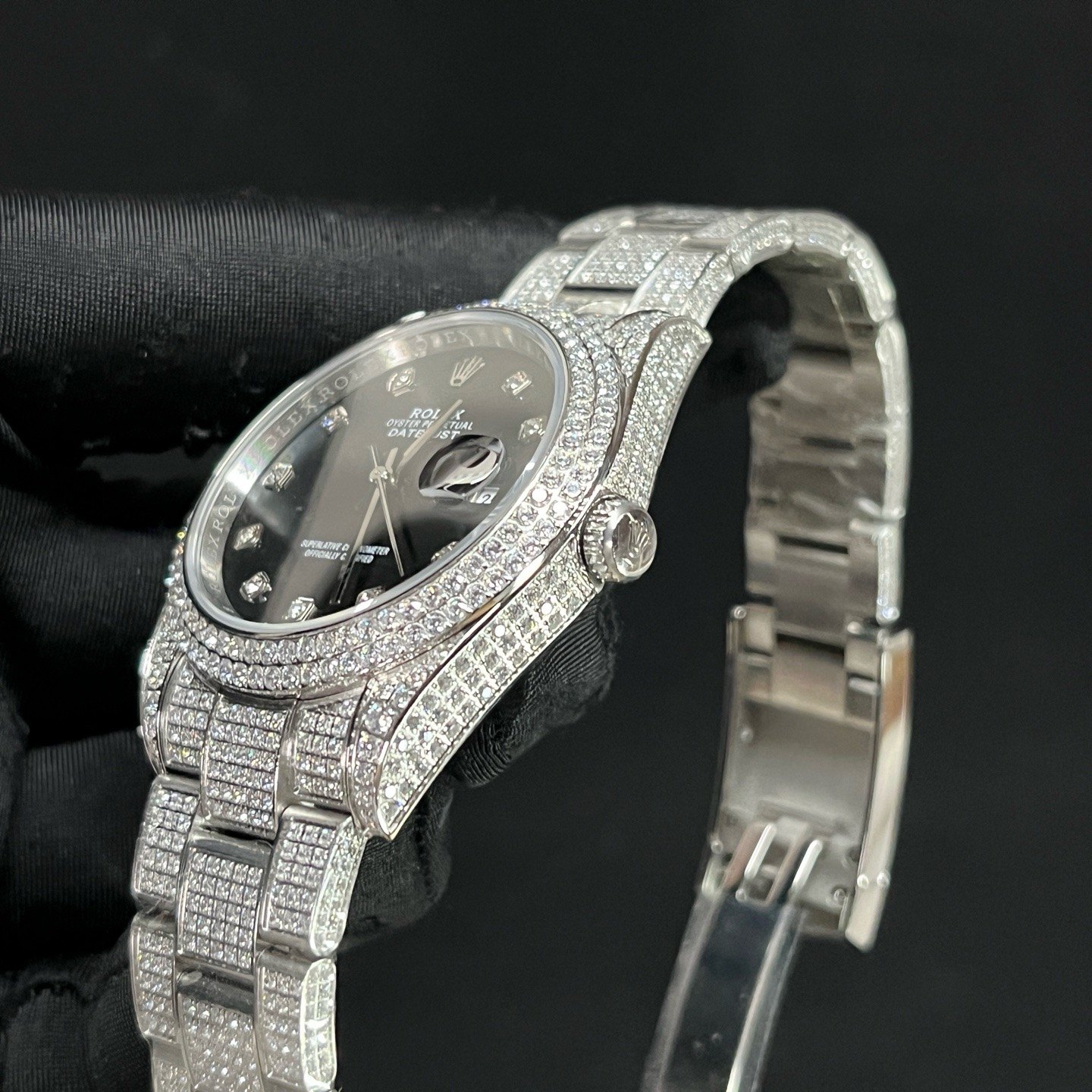 ROLEX Fully Set Moissanite Bracelet Watch - Square Roman Dial