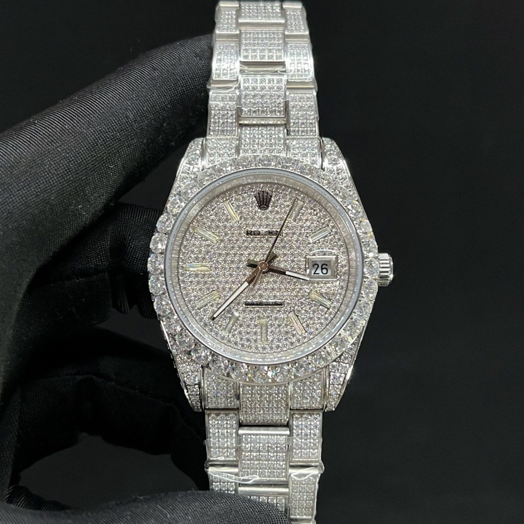 Rolex Datejust Style Automatic Watch, Diamond Dial Baguette Index White Gold Case Metal Bracelet
