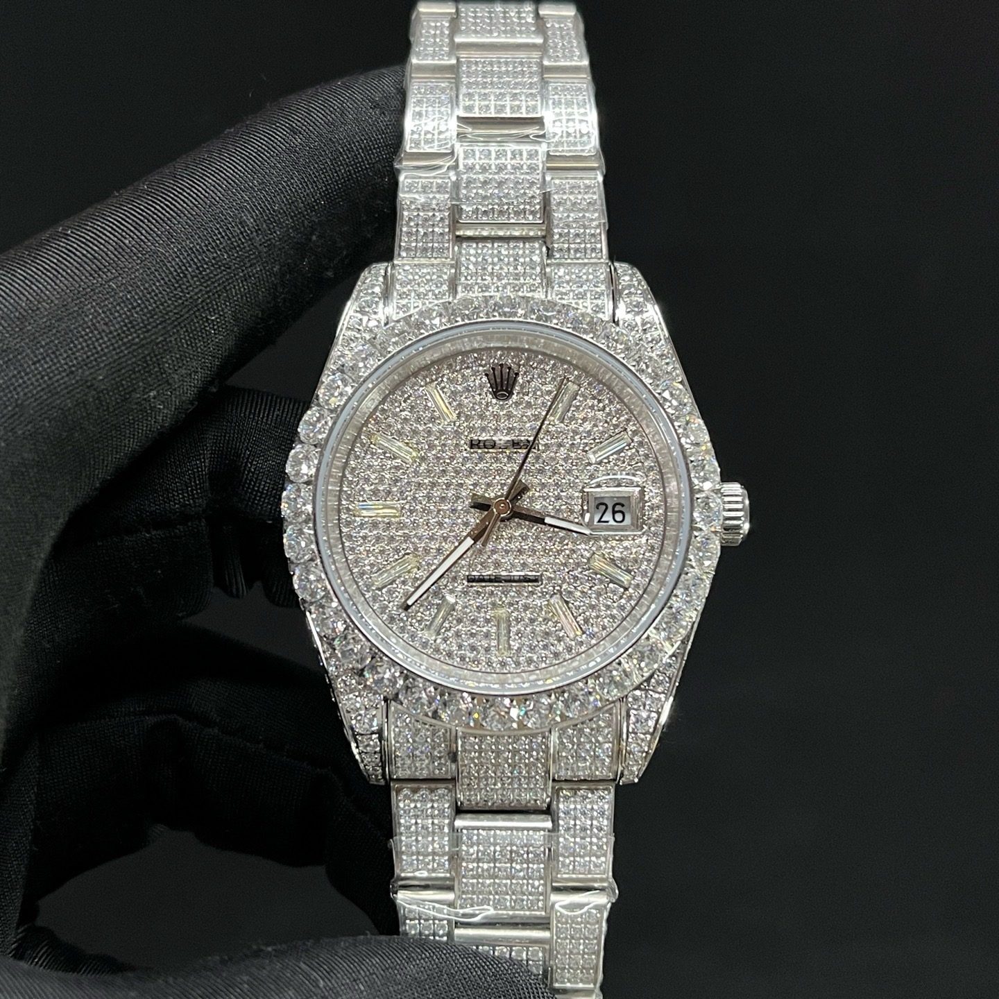 Rolex Datejust Style Automatic Watch, Diamond Dial Baguette Index White Gold Case Metal Bracelet