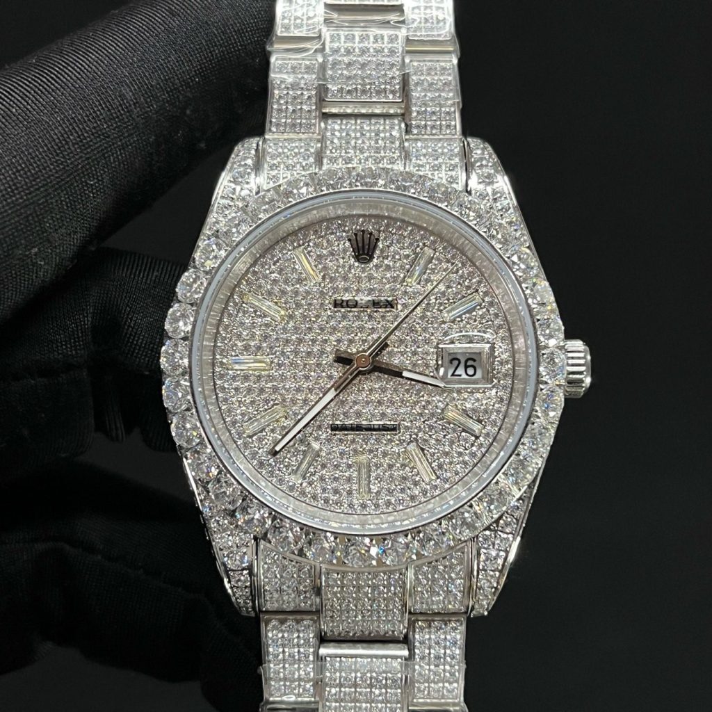 Rolex Datejust Style Automatic Watch, Diamond Dial Baguette Index White Gold Case Metal Bracelet